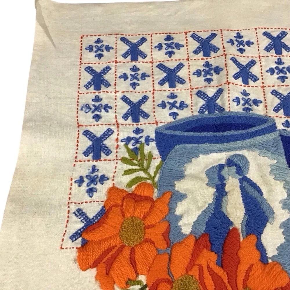 Vtg Embroidered Dutch Windmills Mug Picture Flowers Kissing Blue Orange White